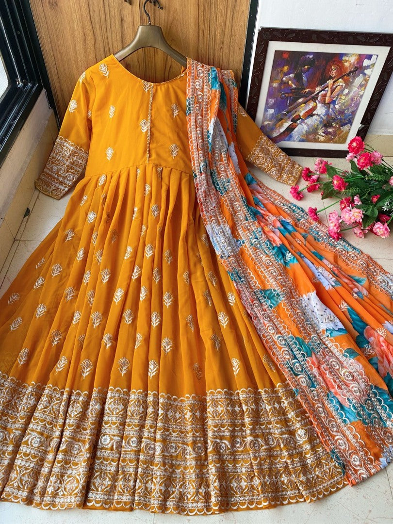 Yellow georgette embroidered anarkali suit with printed dupatta