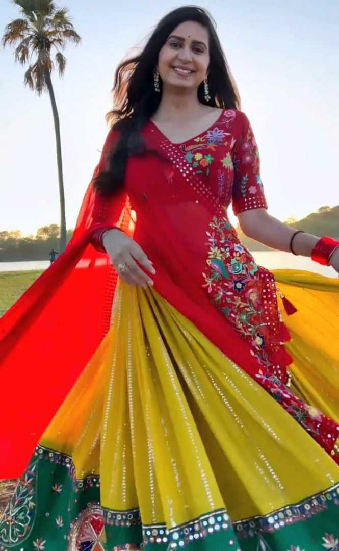 Yellow georgette embroidered and real mirror work festival lehenga choli