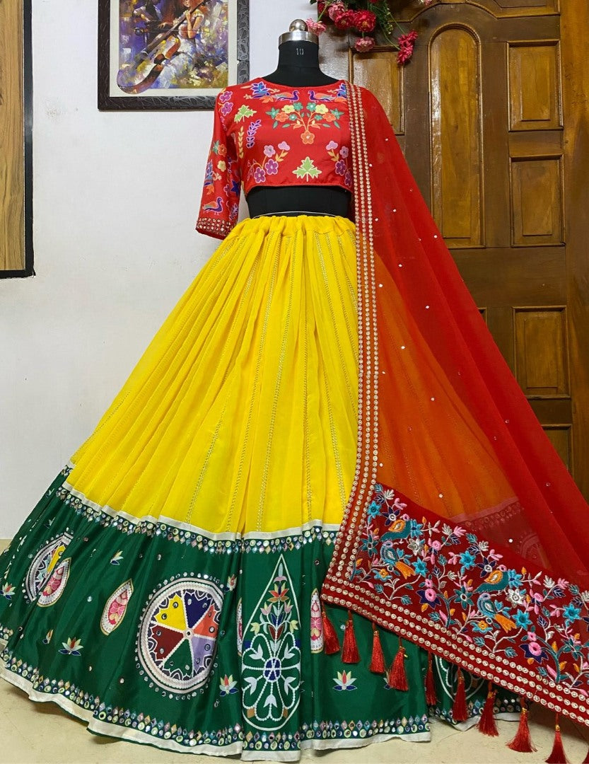 Yellow georgette embroidered and real mirror work festival lehenga choli