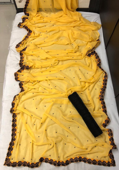 Yellow georgette embroidered border casual saree