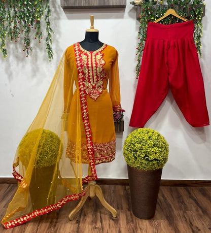 Yellow georgette embroidered dhoti salwar suit