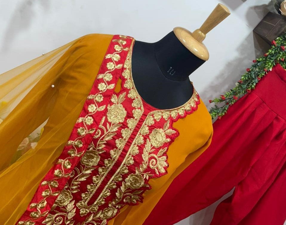 Yellow georgette embroidered dhoti salwar suit