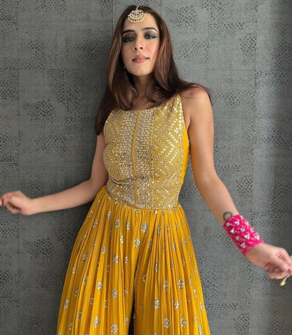 Yellow georgette embroidered ethnic jumpsuit
