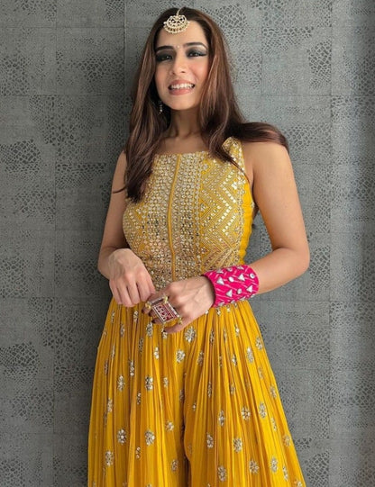 Yellow georgette embroidered ethnic jumpsuit