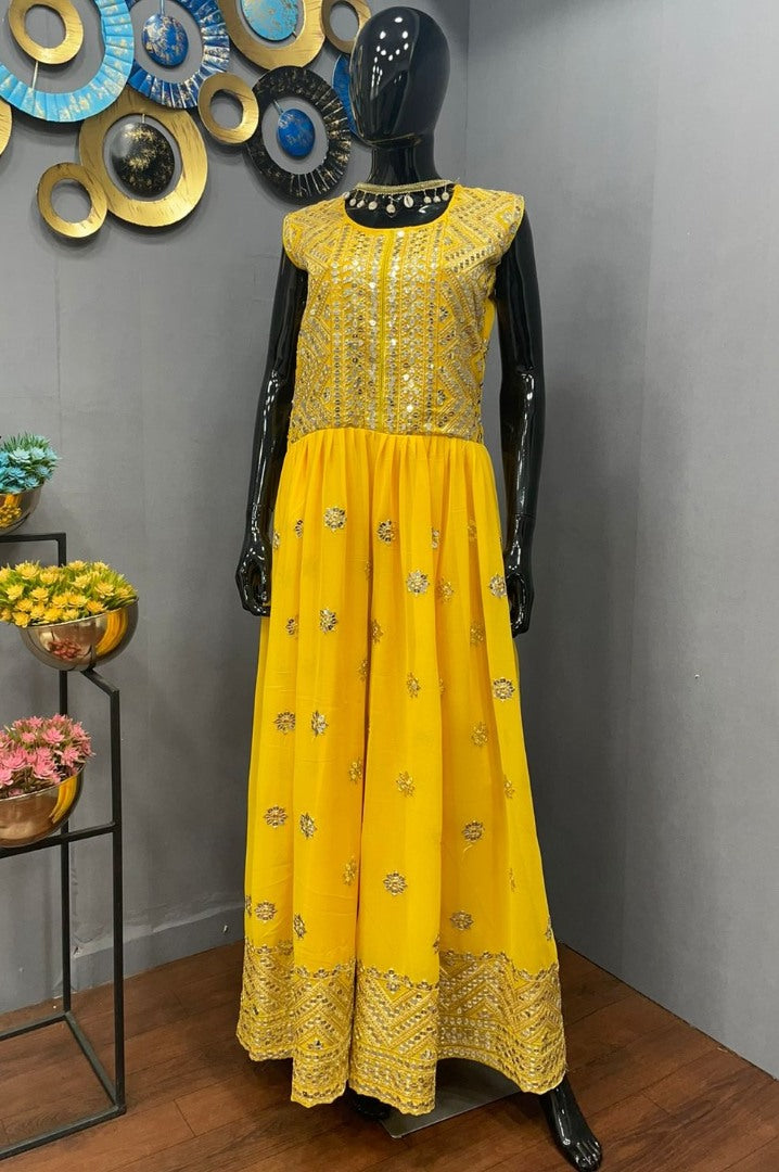 Yellow georgette embroidered ethnic jumpsuit