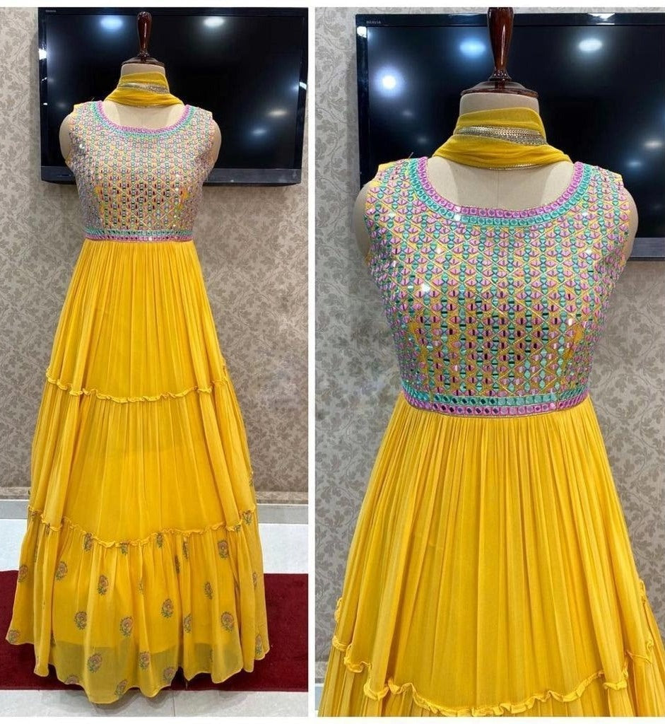 Yellow georgette embroidered gown