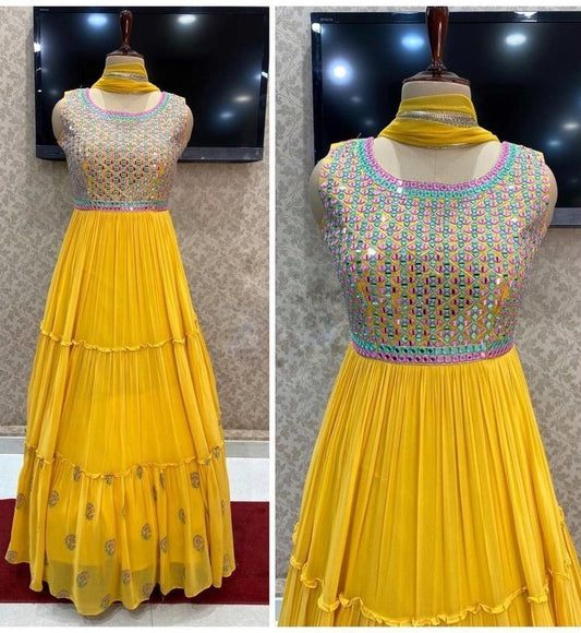 Yellow georgette embroidered gown