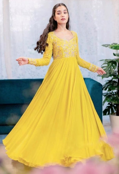 Yellow georgette embroidered gown