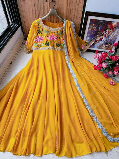 Yellow georgette embroidered long gown