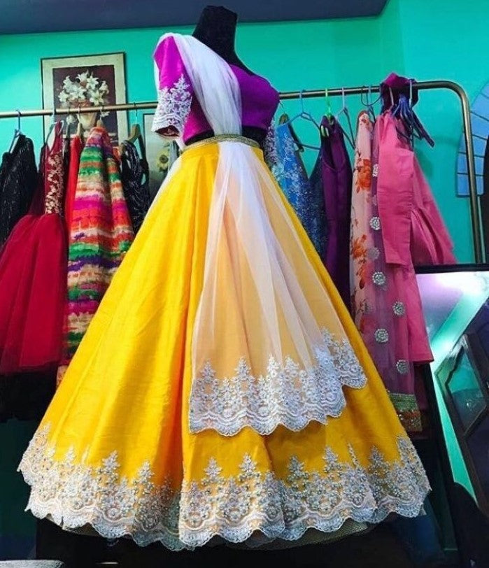 yellow georgette embroidered partywear lehenga