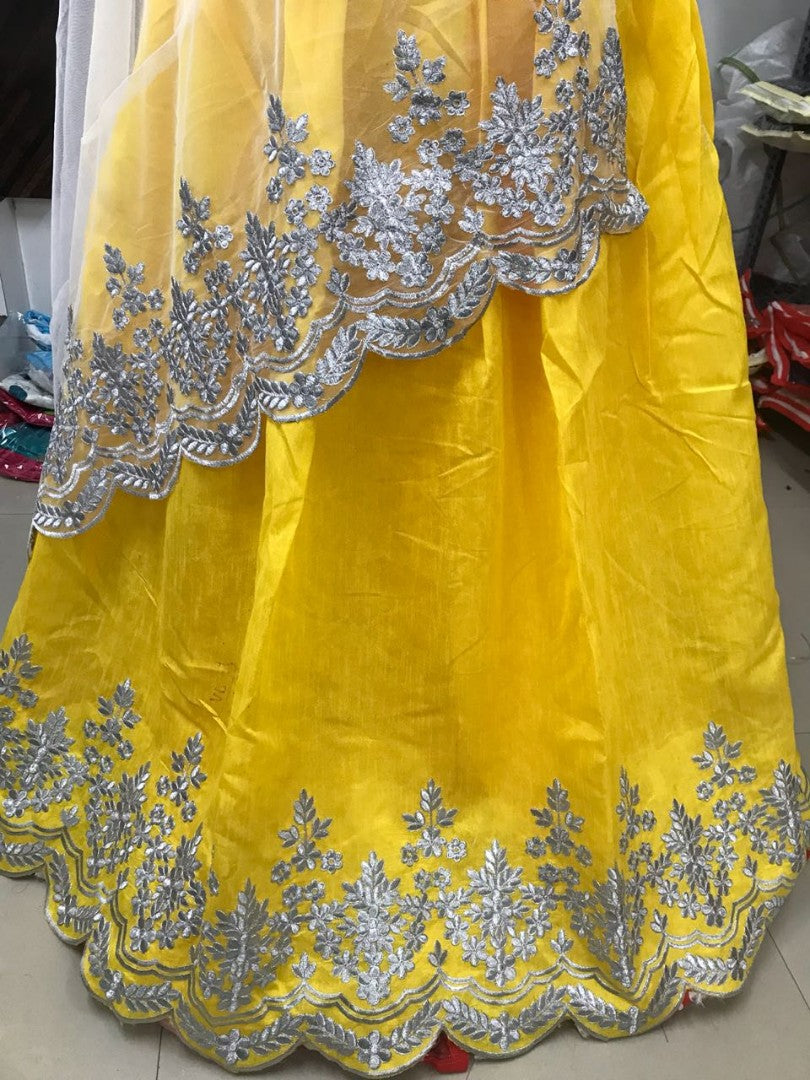 yellow georgette embroidered partywear lehenga