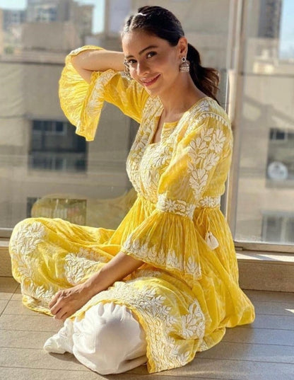 Yellow georgette embroidered plazzo kurti