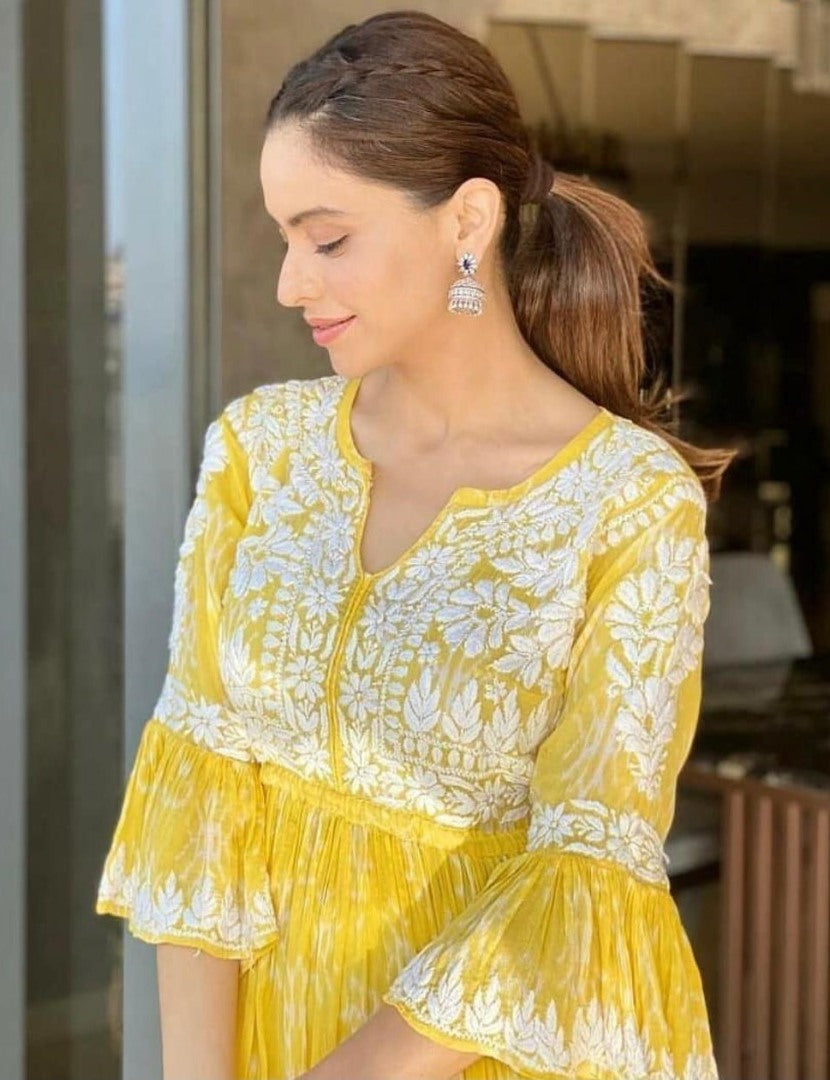 Yellow georgette embroidered plazzo kurti