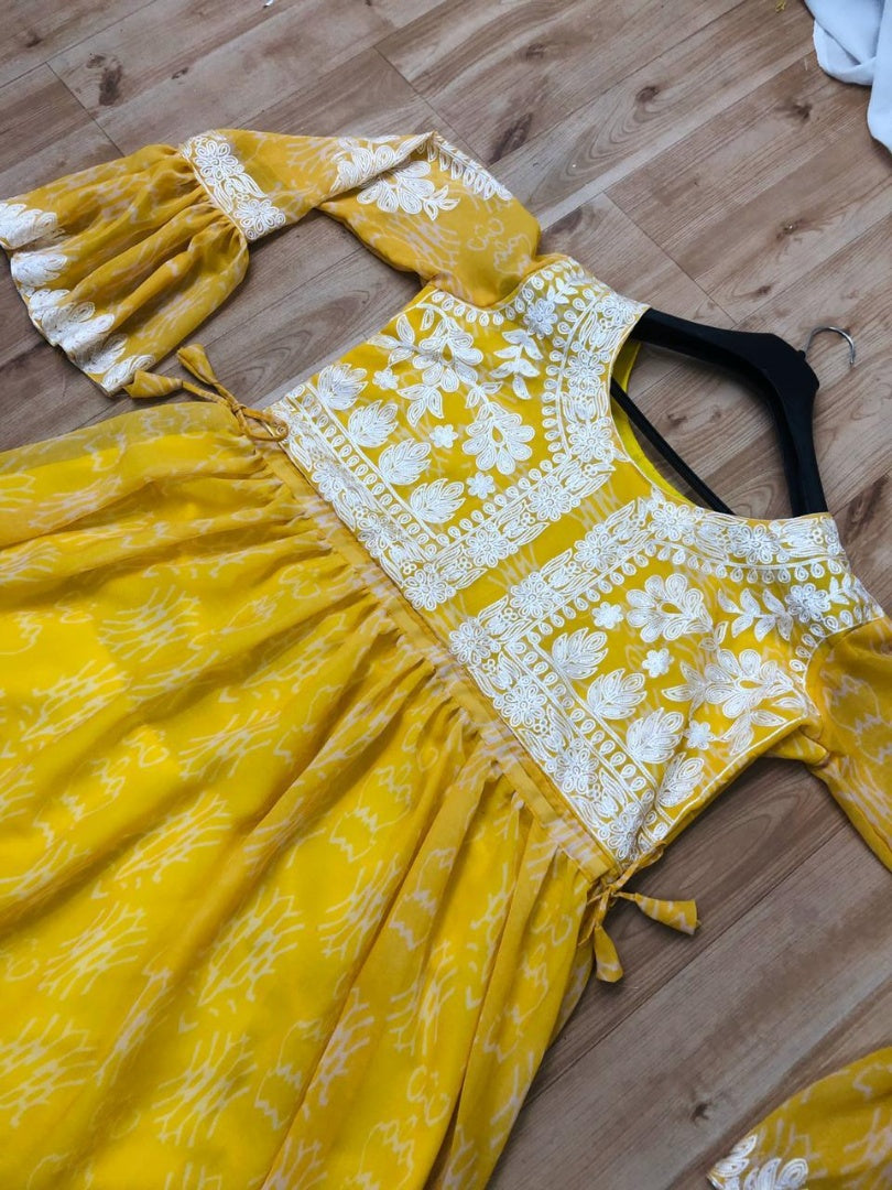 Yellow georgette embroidered plazzo kurti