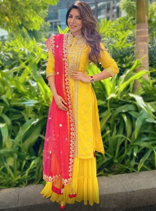 Yellow georgette embroidered plazzo salwar suit
