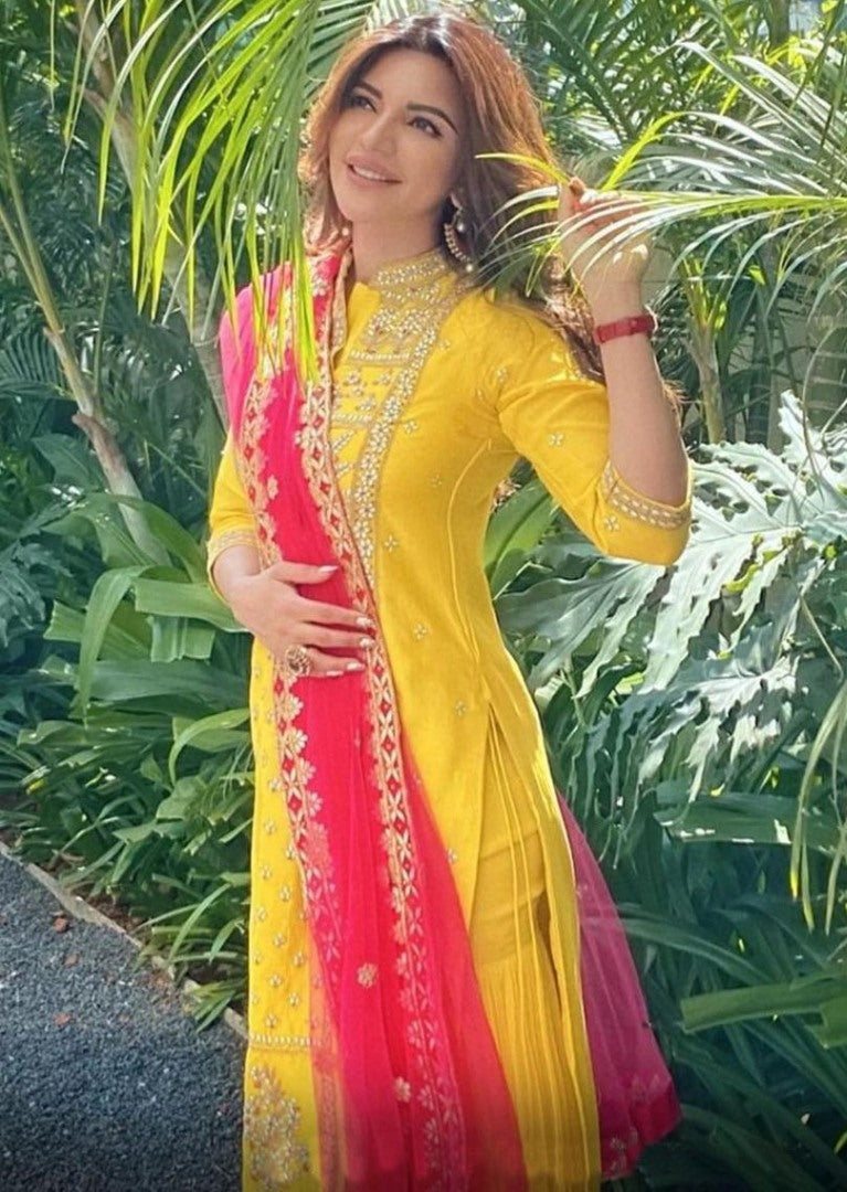 Yellow georgette embroidered plazzo salwar suit