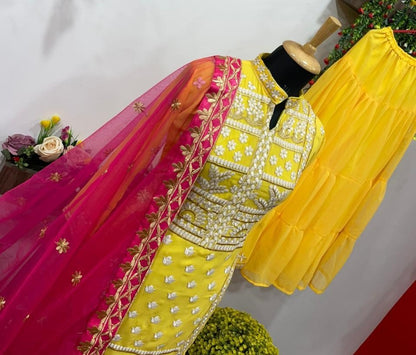 Yellow georgette embroidered plazzo salwar suit