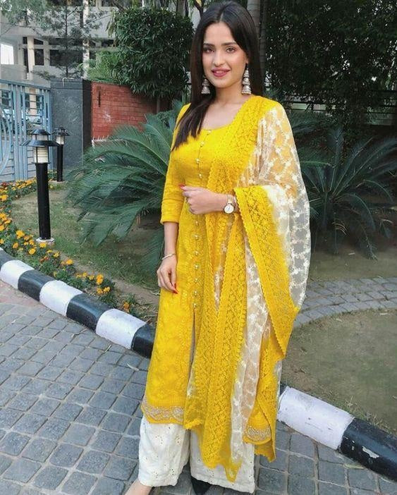 Yellow georgette embroidered plazzo suit