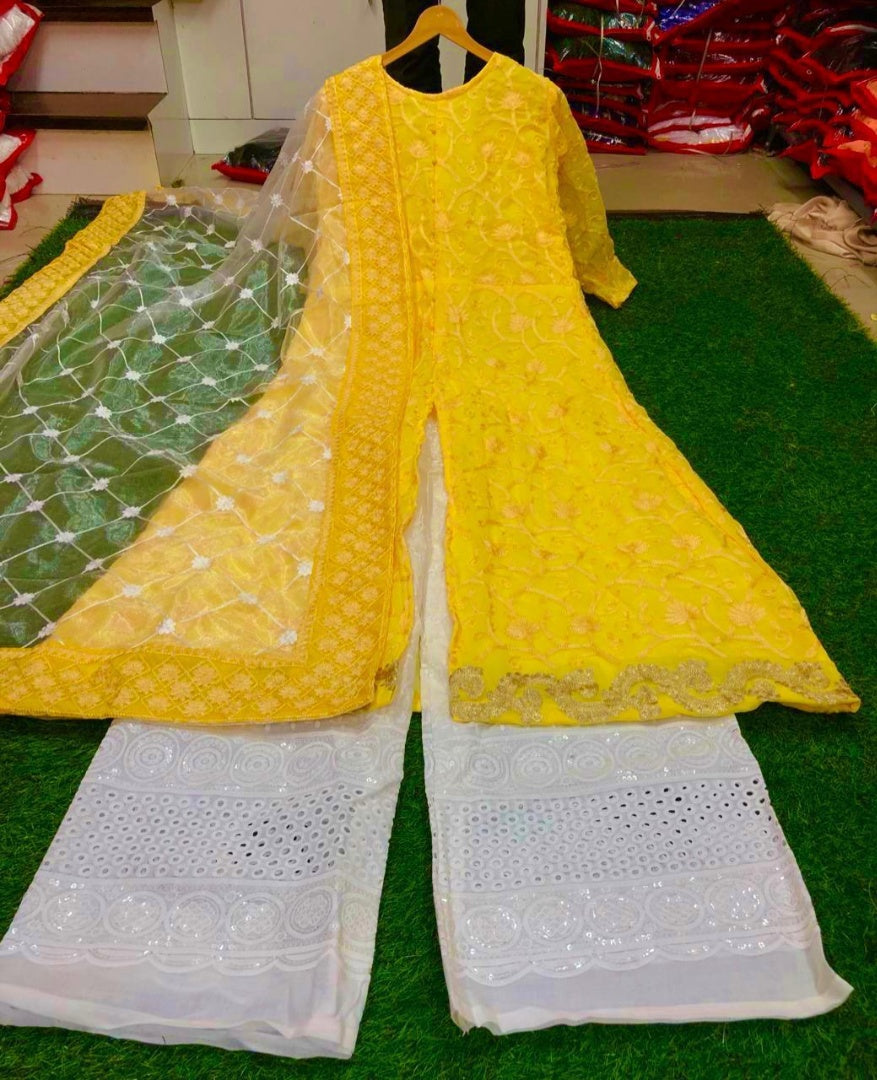 Yellow georgette embroidered plazzo suit