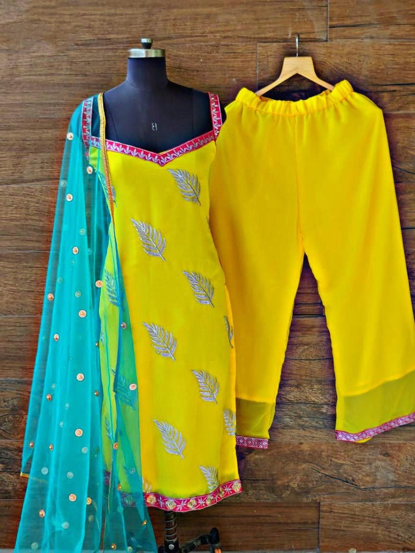 Yellow georgette embroidered plazzo suit