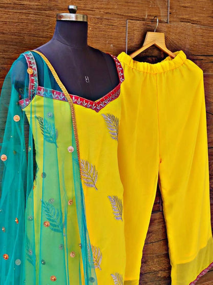 Yellow georgette embroidered plazzo suit