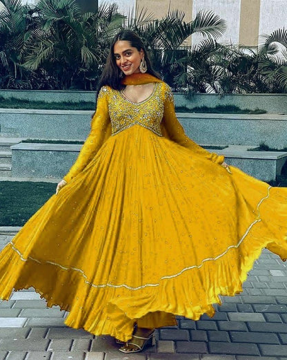 Yellow georgette embroidered ruffle layered anarkali suit