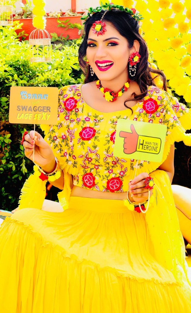 Yellow georgette embroidered ruffle lehenga for haldi ceremony