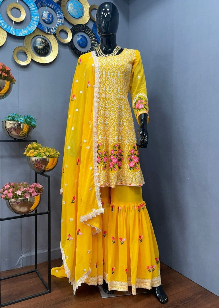 Yellow georgette embroidered sharara salwar suit