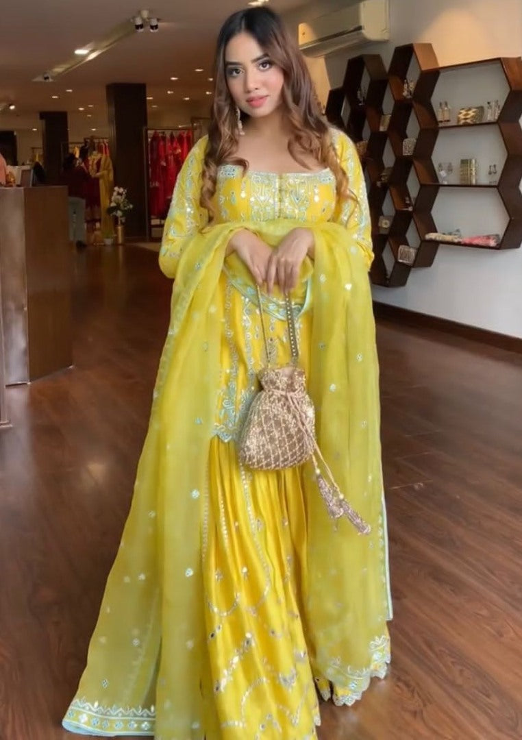 Yellow georgette embroidered sharara salwar suit