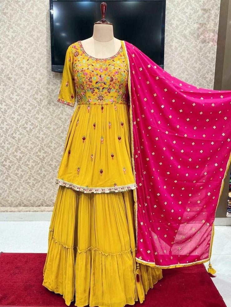 Yellow georgette embroidered sharara salwar suit