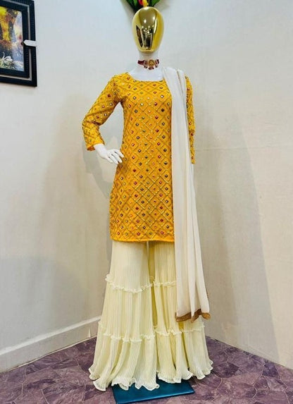 Yellow georgette embroidered sharara salwar suit