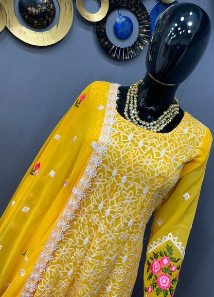 Yellow georgette embroidered sharara salwar suit