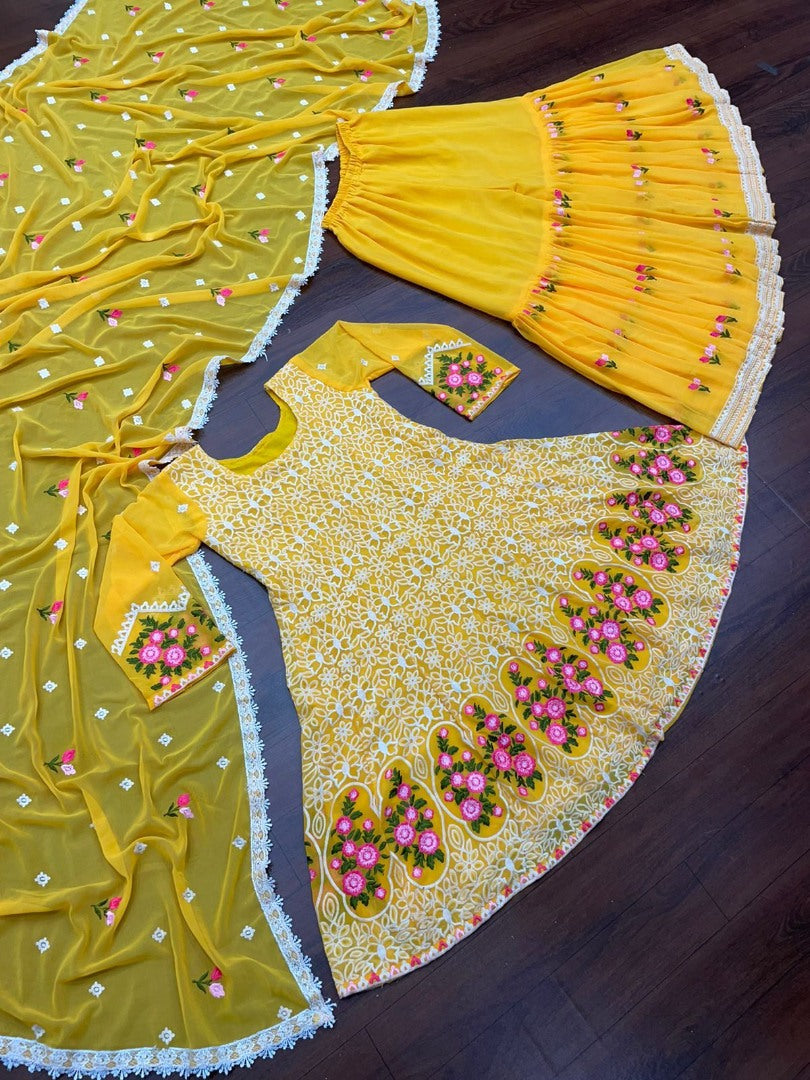 Yellow georgette embroidered sharara salwar suit