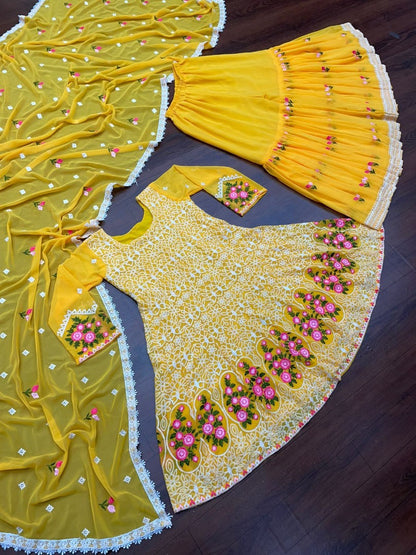 Yellow georgette embroidered sharara salwar suit