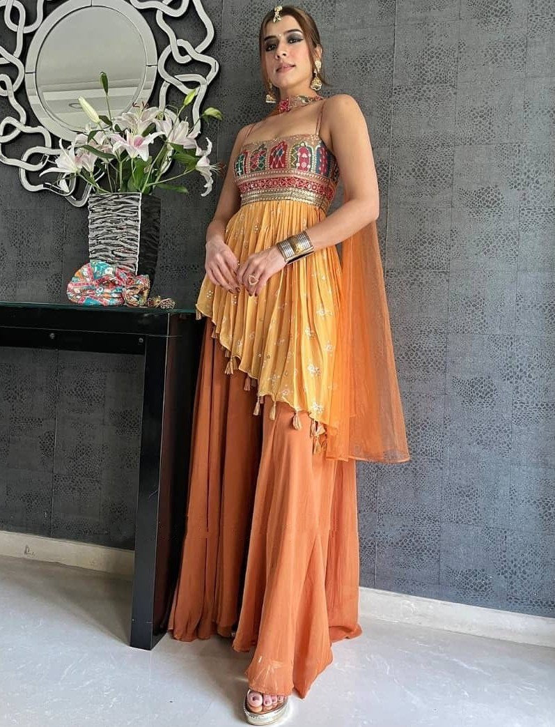 Yellow georgette embroidered sharara suit