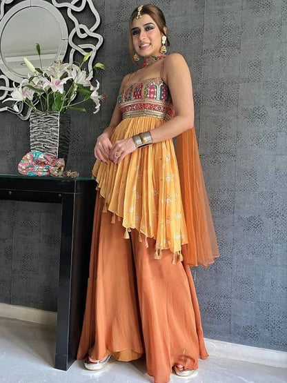 Yellow georgette embroidered sharara suit