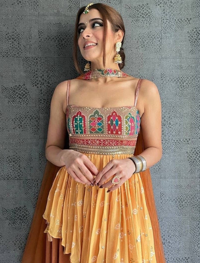 Yellow georgette embroidered sharara suit