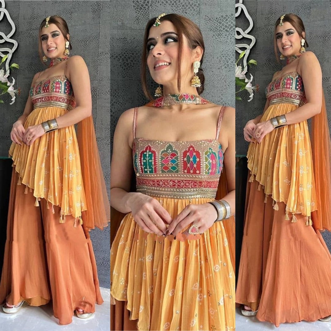 Yellow georgette embroidered sharara suit