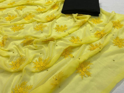 Yellow georgette embroidery and moti work saree