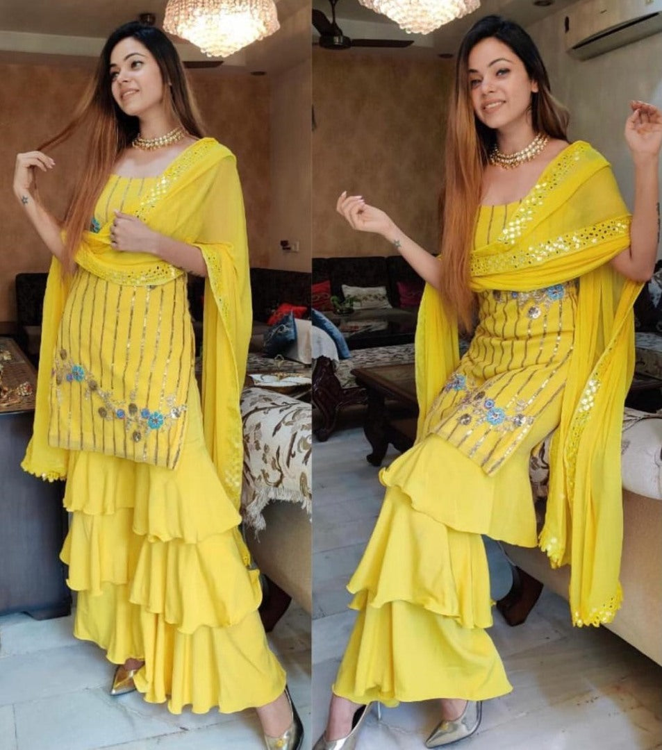 Yellow georgette embroidery work fancy plazzo suit