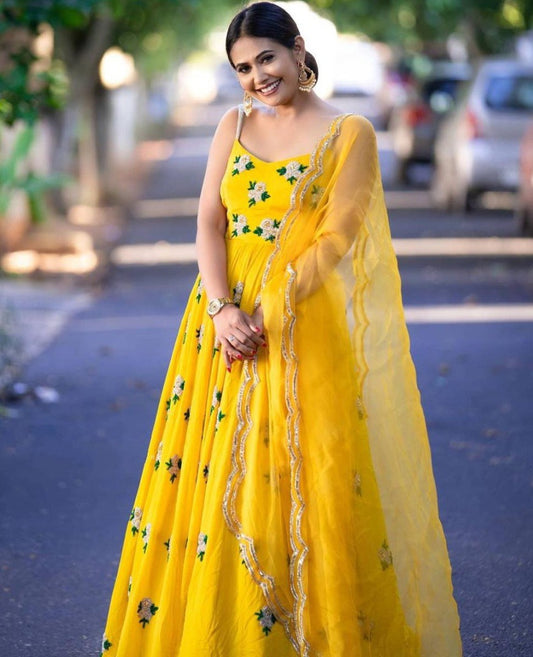 Yellow georgette embroidery work gown