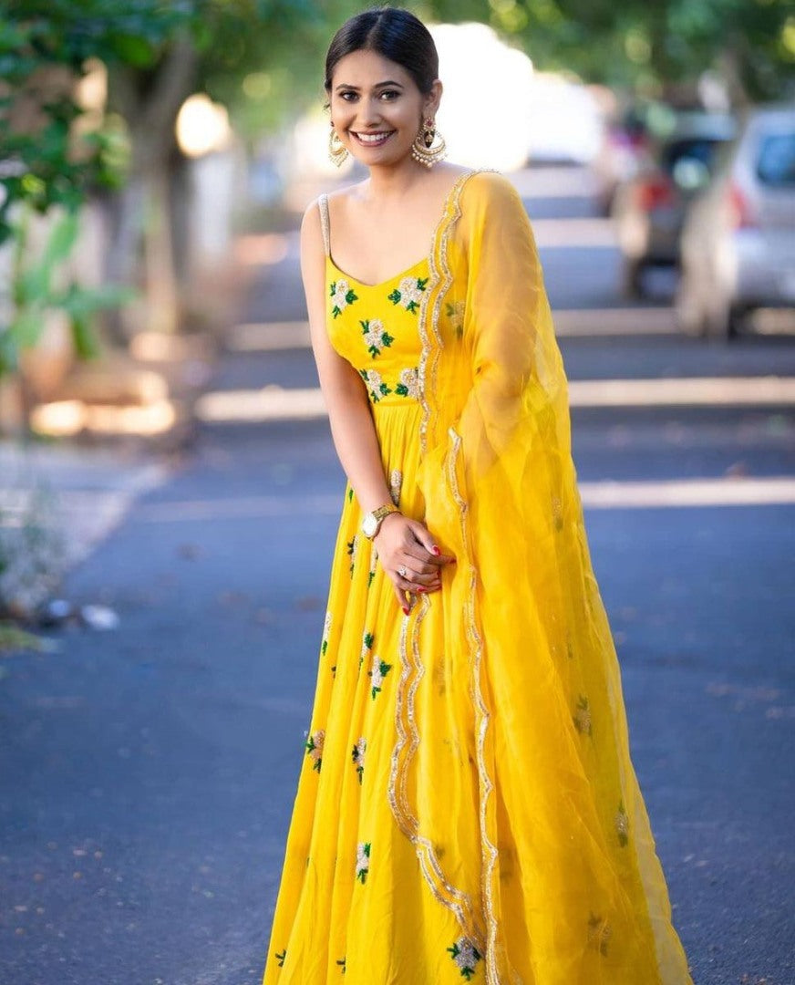Yellow georgette embroidery work gown