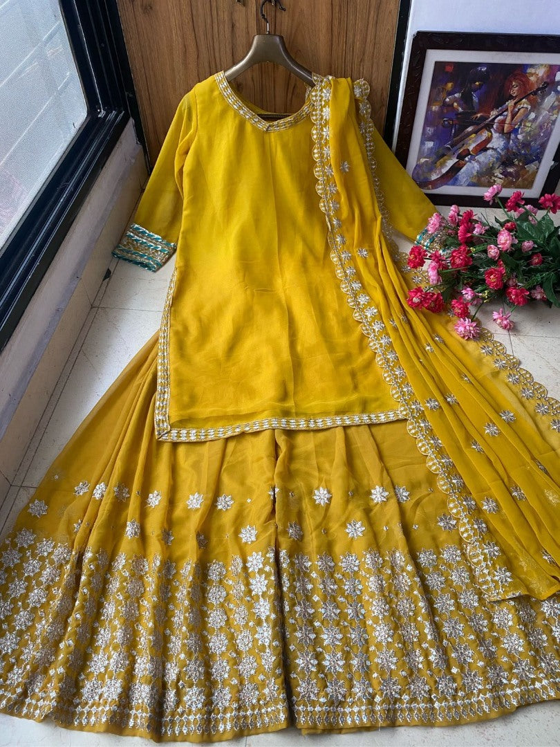 Yellow georgette embroidery work party wear palazzo suit