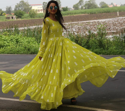 Yellow georgette embroidery work party wear ruffle gown