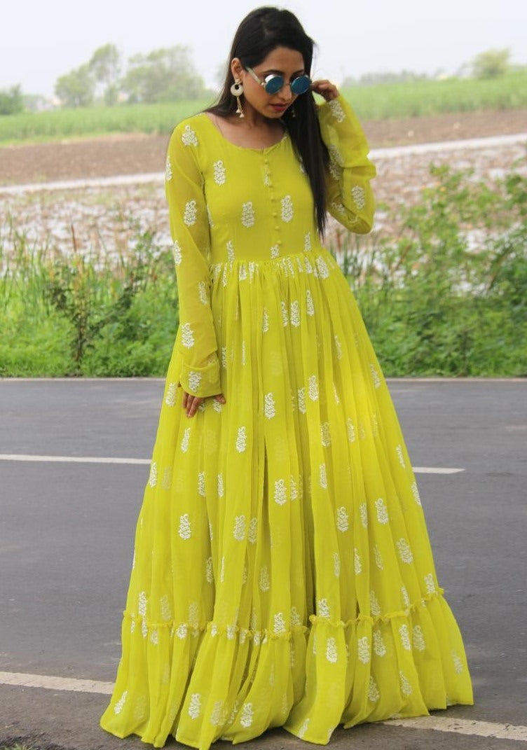Yellow georgette embroidery work party wear ruffle gown
