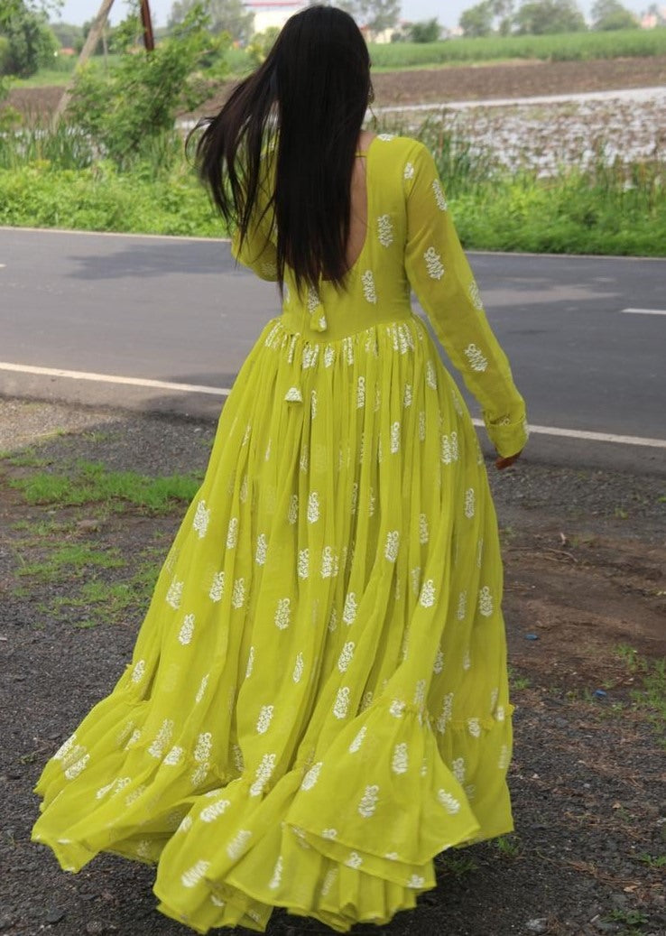 Yellow georgette embroidery work party wear ruffle gown