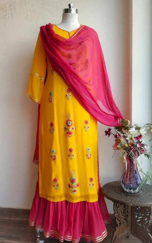 Yellow georgette embroidery work plazzo suit