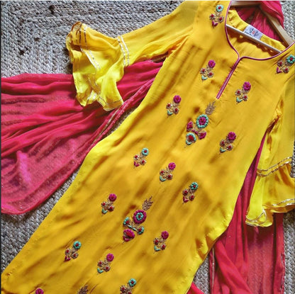 Yellow georgette embroidery work plazzo suit
