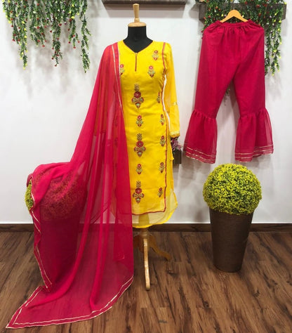 Yellow georgette embroidery work plazzo suit