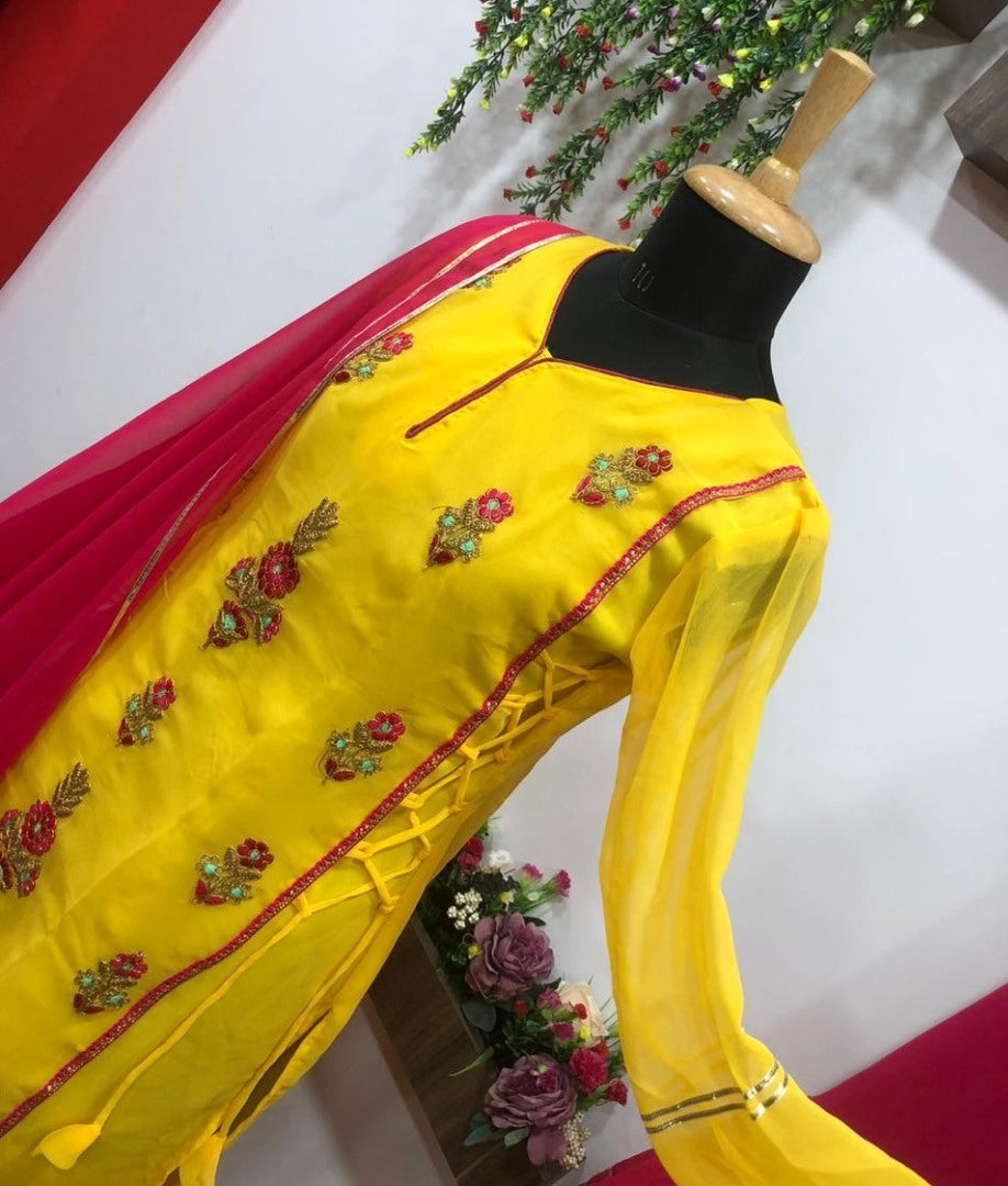 Yellow georgette embroidery work plazzo suit